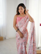 Pink Chinon Designer Digital Printed,Mirror Cut Work Saree - Elayna | Grocsy