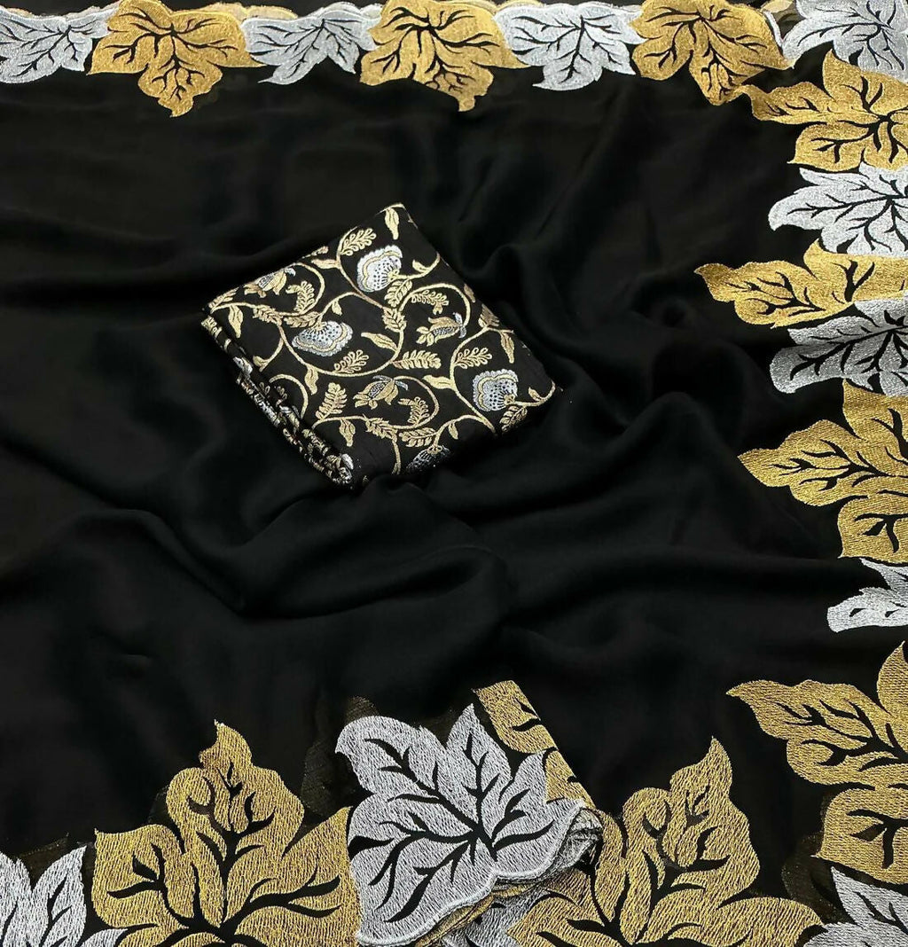 Vastranavya Satin Chiffon Silk Beautiful Designer Zari Thread Embroidery work of Leaf Design with Cutwork Border Saree with Blouse Material - Black | Grocsy