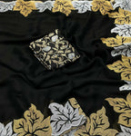 Vastranavya Satin Chiffon Silk Beautiful Designer Zari Thread Embroidery work of Leaf Design with Cutwork Border Saree with Blouse Material - Black | Grocsy