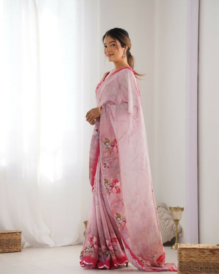 Pink Chinon Designer Digital Printed & Mirror Cut Work Saree - Kriti | Grocsy
