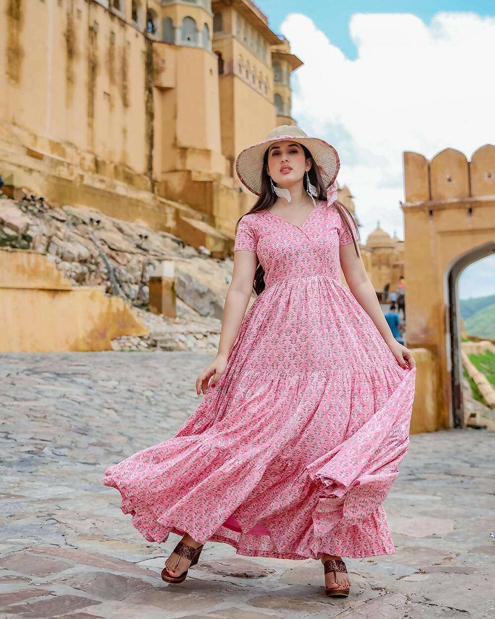 Designer Partywear Printed Pink Pure Maslin Gown - Anbazaar | Grocsy