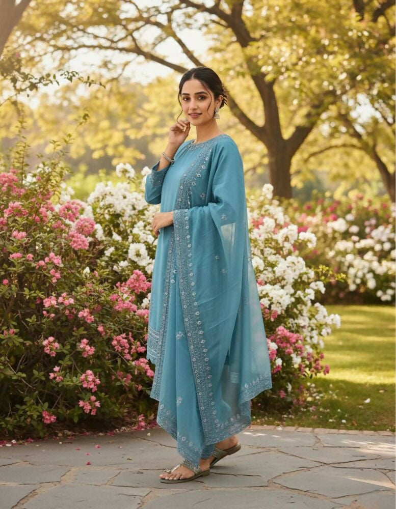 Teeya Creation Teal Color Natural Creap Silk Designer Fancy Party Wear Salwar Suit | Grocsy