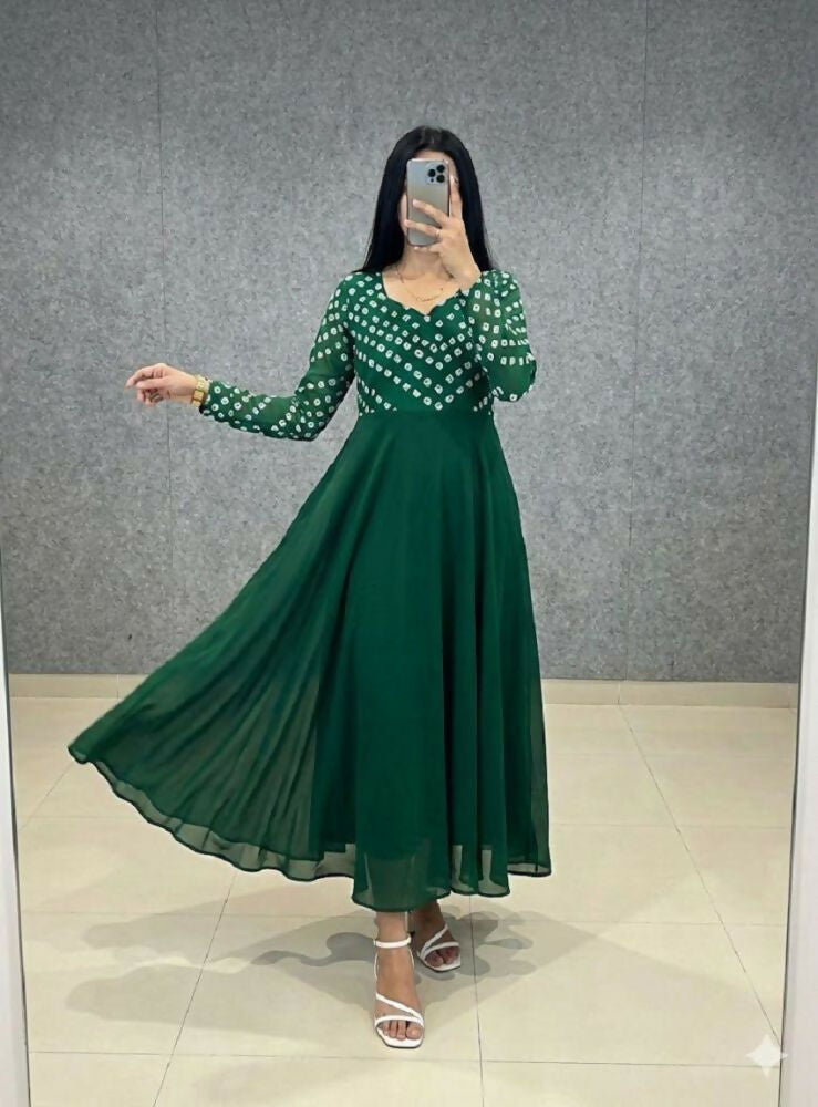 Teeya Creation Women's Green Bandhani Print Anarkali Gown | Grocsy