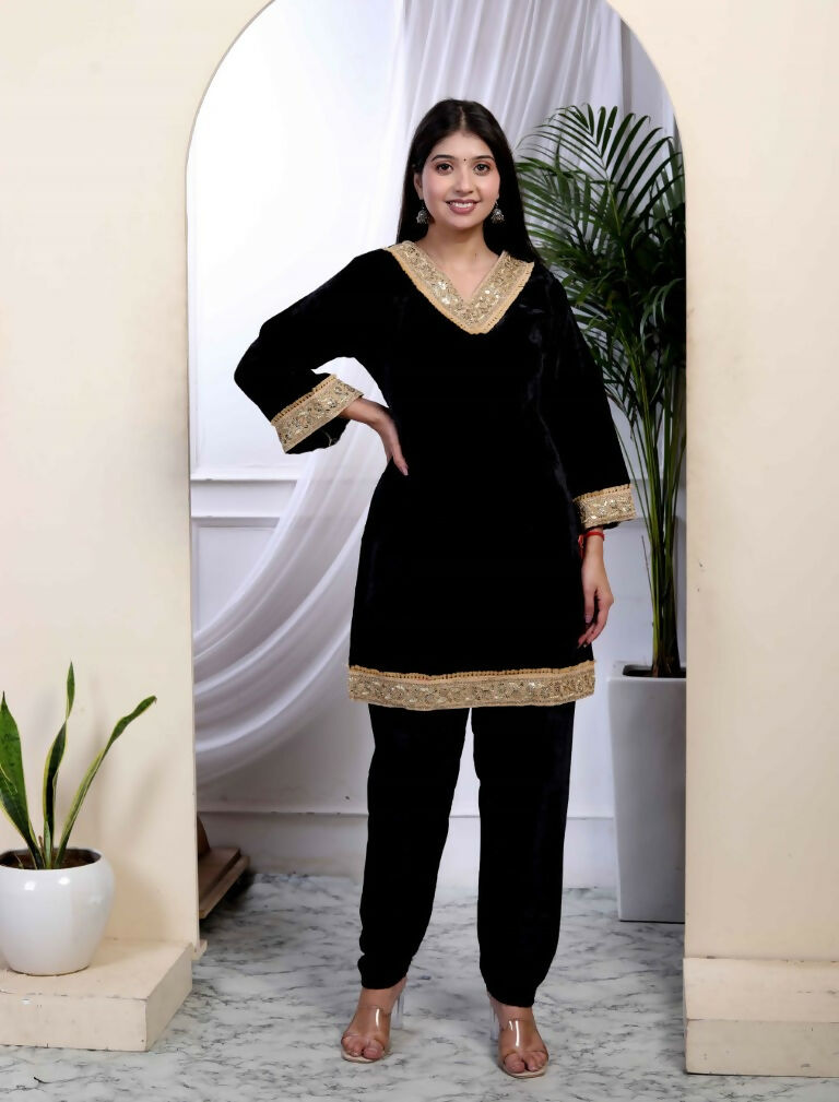 Miravan Women's Black Velvet Dreams Embroidered Co-ord Set | Grocsy