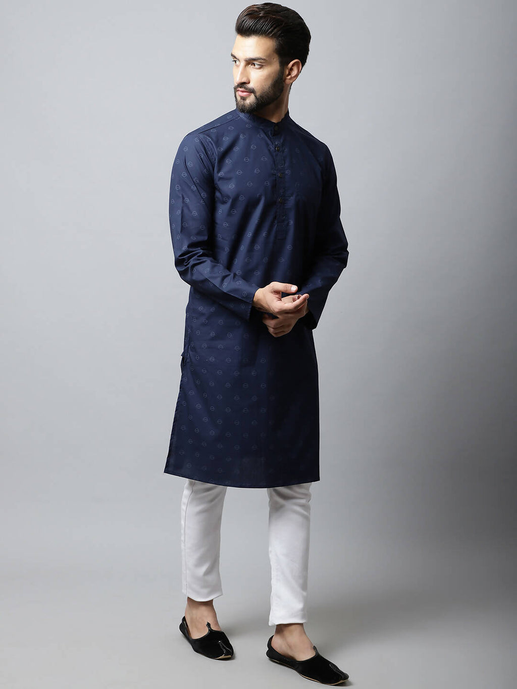 Even Apparels Navy blue Color Pure Cotton Men's Kurta With Band Collar (PRT1184-NVC) | Grocsy