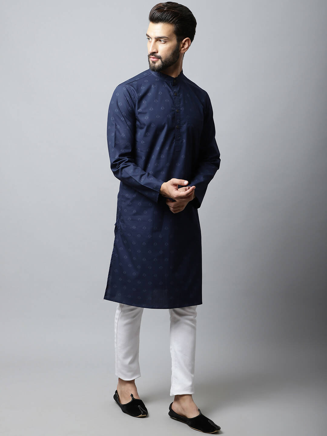 Even Apparels Navy blue Color Pure Cotton Men's Kurta With Band Collar (PRT1184-NVC) | Grocsy