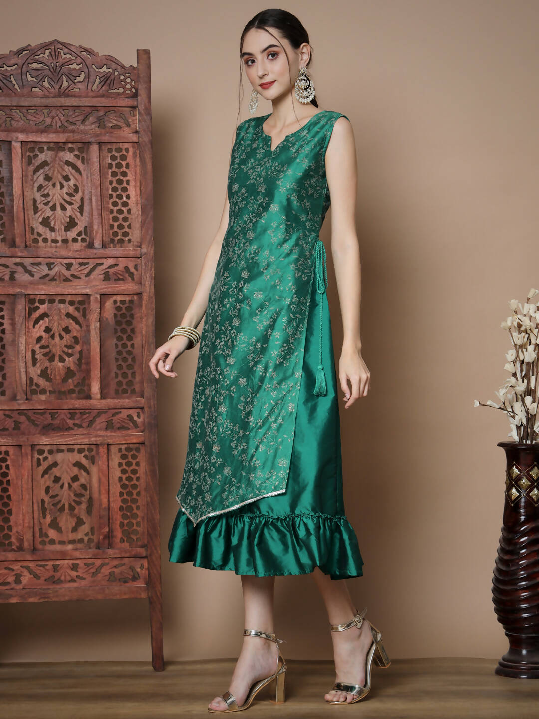 Myshka Women's Teal Floral Printed Gown Dress | Grocsy