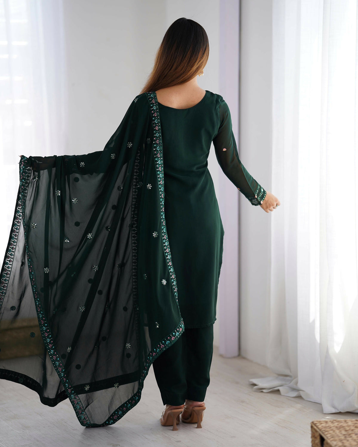 Joban Fashion Dark Green Kurta set with Pant Georgette Thread with Sequins work | Grocsy