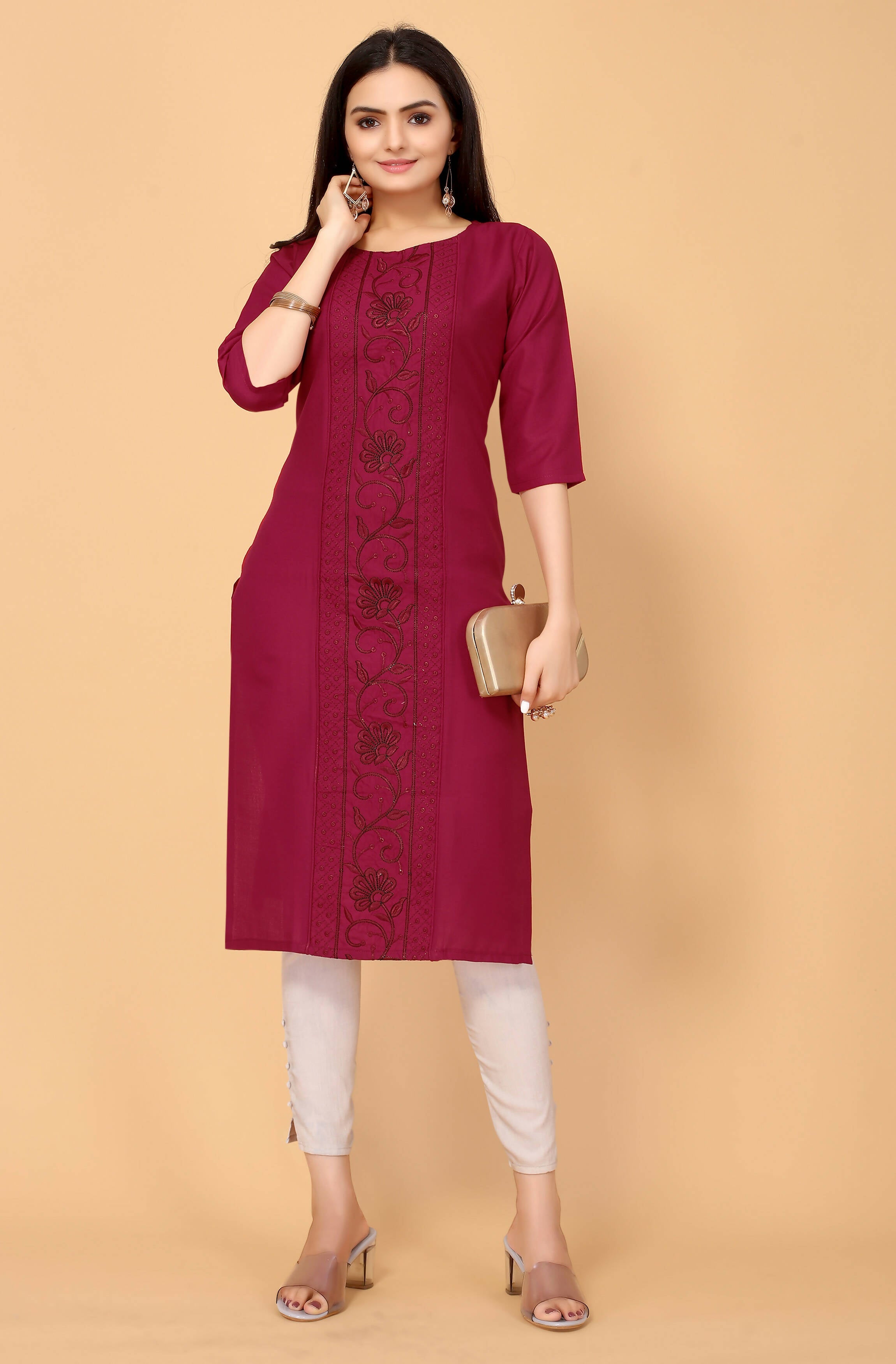 Maroon Cottan Slub Embroidery Kurti - Umi | Grocsy