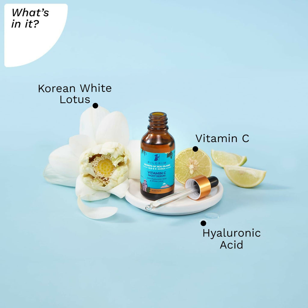 Pilgrim Korean Vitamin C Night Serum for glowing skin with Hyaluronic acid & White Lotus | Grocsy