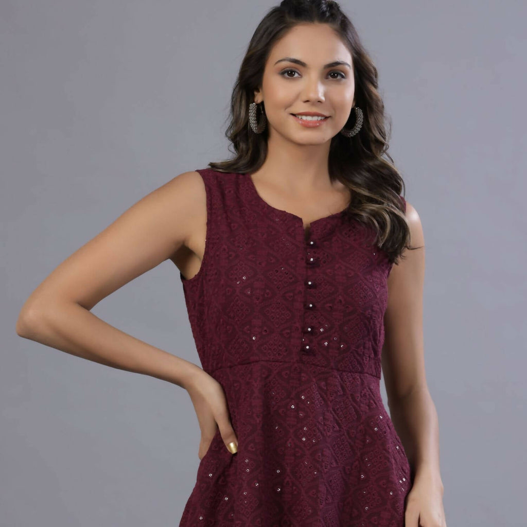 Juniper Women Wine Georgette Embroidered Peplum Tunic | Grocsy