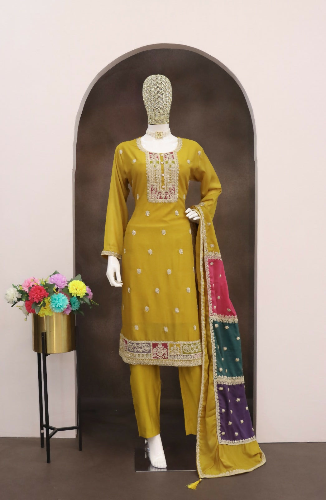 Teeya Creation Yellow Color Chinon Silk Embroidery Work Wedding Wear Designer Salwar Suit | Grocsy