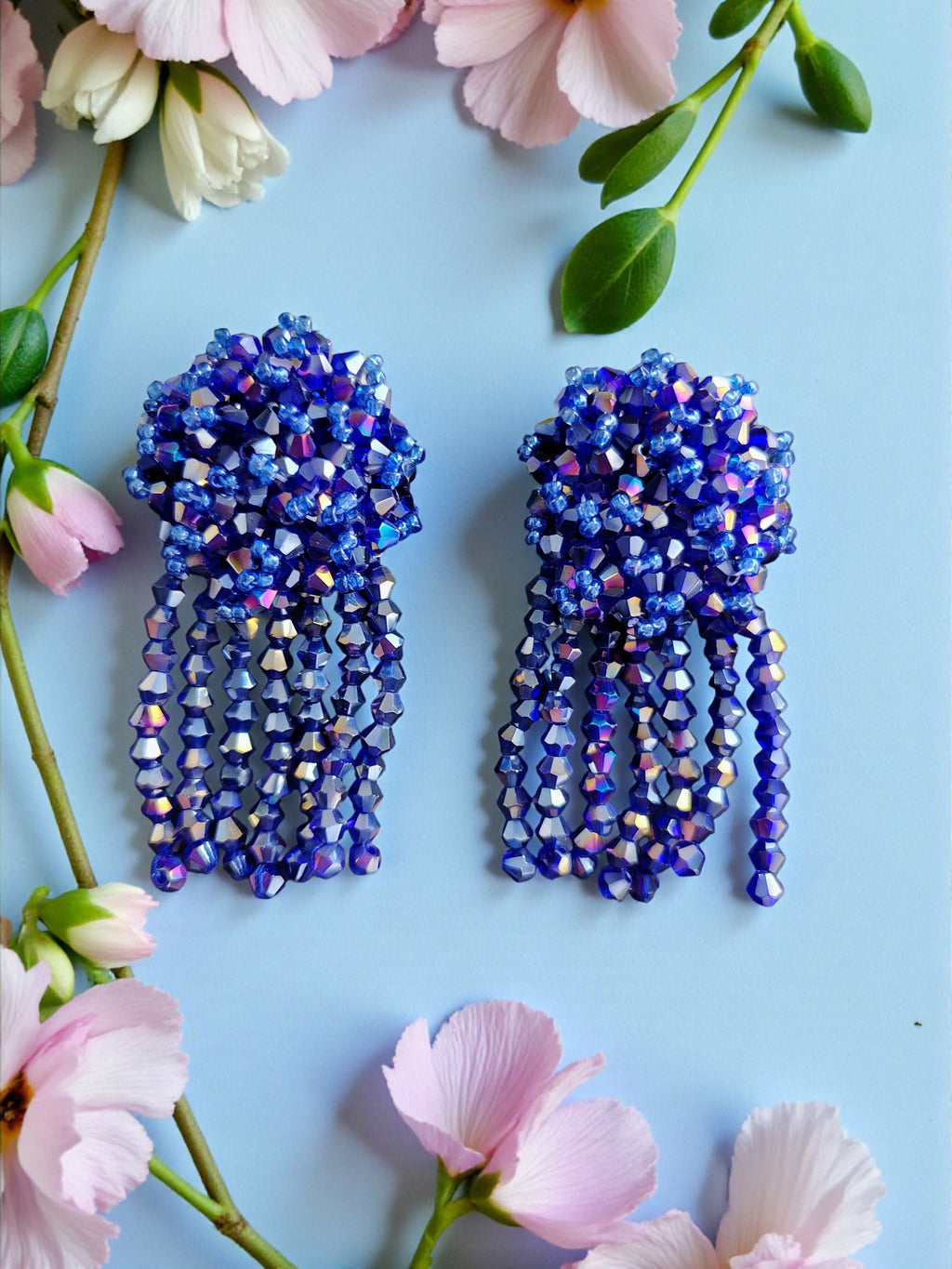 Inhanns Handmade Crystal Water Fall Earrings - Short - Blue Small | Grocsy