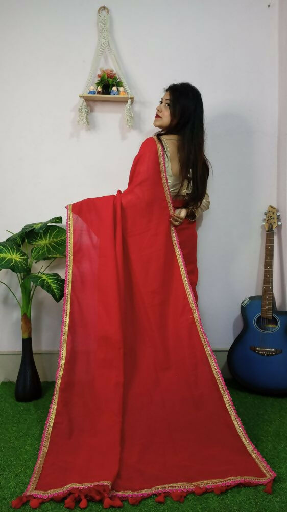 Exclusive Collection Beautiful Khadi Cotton Handloom Saree With Beautiful Zari Border - Red | Grocsy