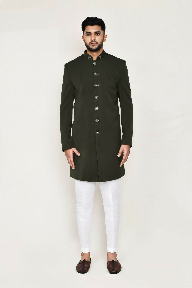 Joban Fashion Green Colored Terry Rayon Fabric Indo Western With Straight Fit Pant | Grocsy