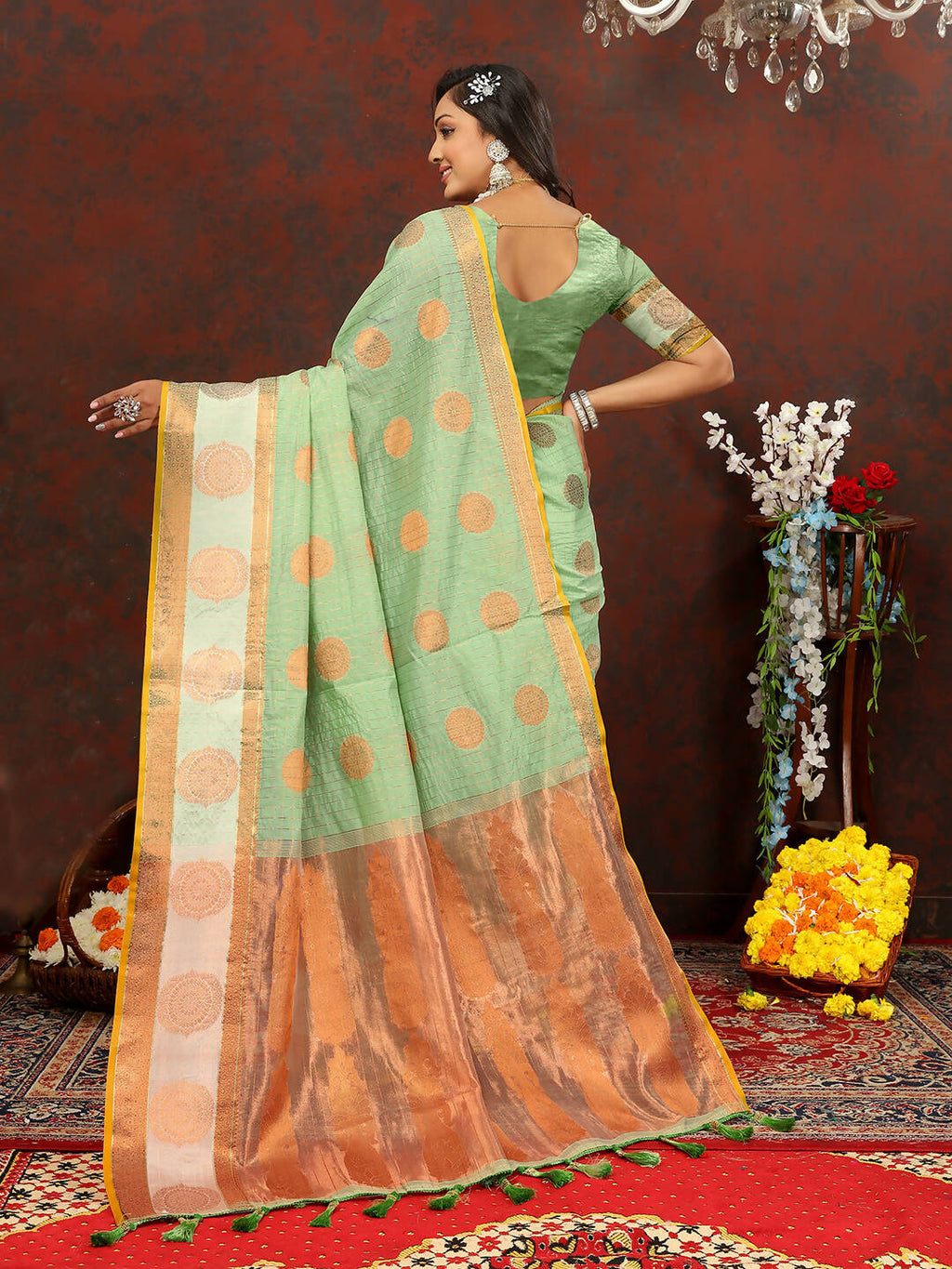 Lorenvalley Fashion Seagreen Cotton with Woven Design Zari Weaving Saree | Grocsy