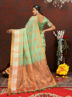 Lorenvalley Fashion Seagreen Cotton with Woven Design Zari Weaving Saree | Grocsy