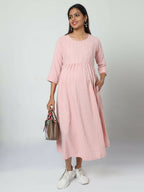 Manet Three Fourth Maternity Dress Striped With Concealed Zipper Nursing Access - Baby Pink | Grocsy