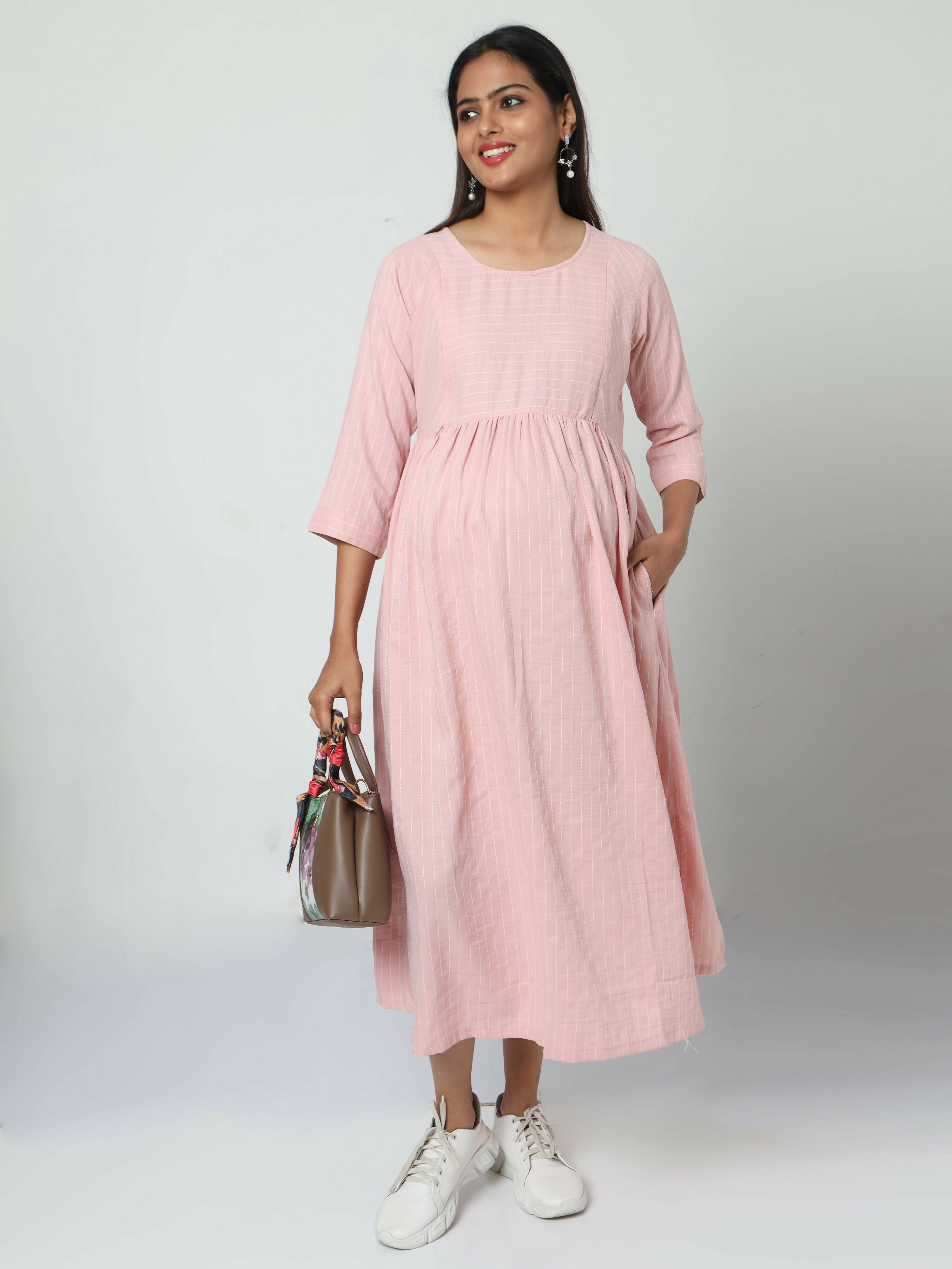 Manet Three Fourth Maternity Dress Striped With Concealed Zipper Nursing Access - Baby Pink | Grocsy