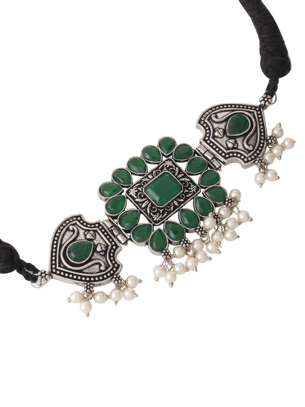 NVR Women's Oxidised Silver Plated Green Color Stone Jewellery Set With Earrings | Grocsy