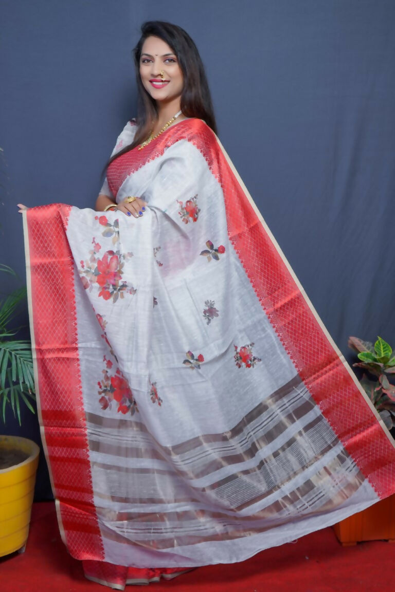 Jyoti Fashion Women's Maroon Linen Silk Digital Print with Jacquard Woven Border Saree with Blouse | Grocsy