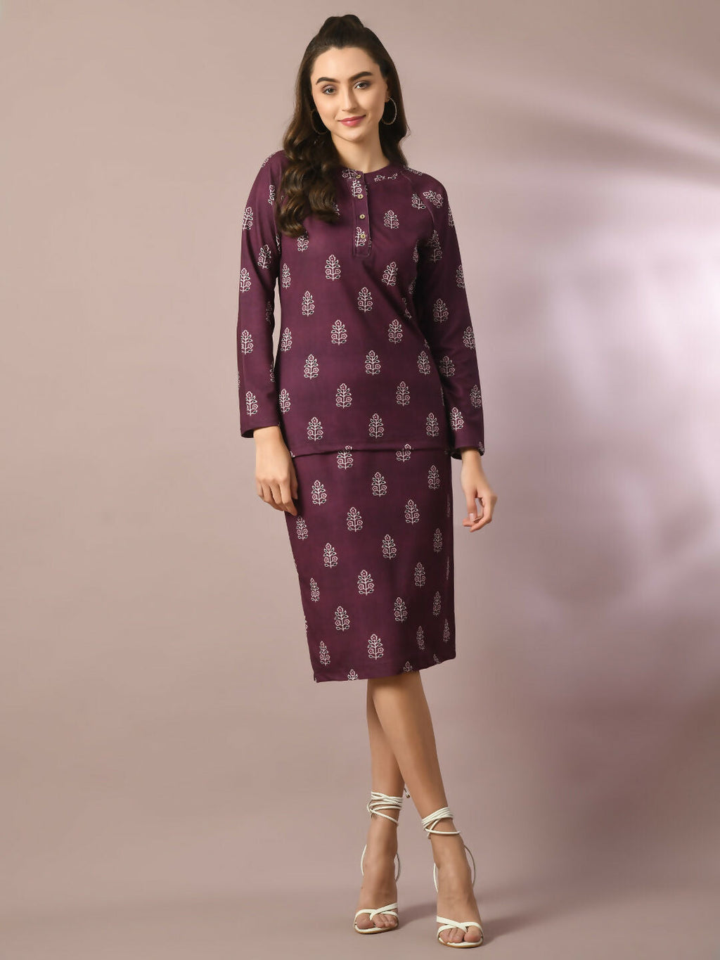 Myshka Women's Magenta Printed Round Neck Party Top With Skirt Co-ord set | Grocsy
