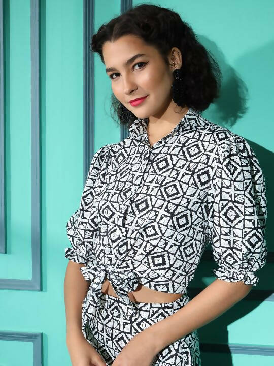 White Crepe Geometric Printed Top with Matching Skirt - Shivani | Grocsy