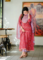 Yufta Women Red Handblock Printed A-Line Kurta & Trouser With Embroidery & Dupatta | Grocsy