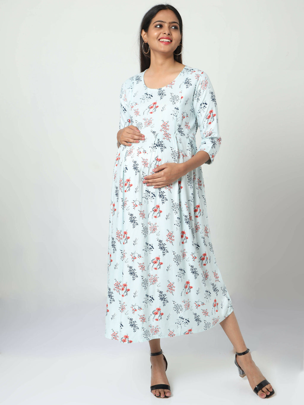 Manet Three Fourth Maternity Dress Floral Print With Concealed Zipper Nursing Access - Pista Green | Grocsy