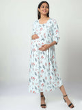 Manet Three Fourth Maternity Dress Floral Print With Concealed Zipper Nursing Access - Pista Green | Grocsy