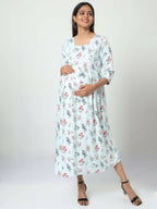 Manet Three Fourth Maternity Dress Floral Print With Concealed Zipper Nursing Access - Pista Green | Grocsy