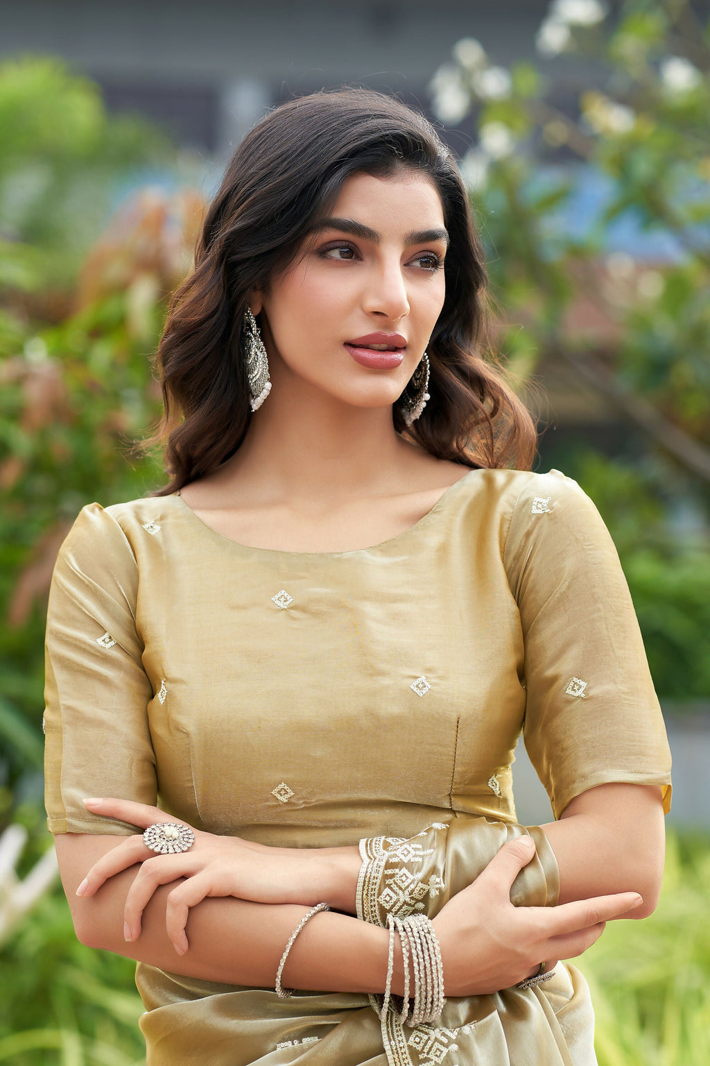 Vastranavya Beige Embroidery Work Shimmer Chiffon Saree with Unstitched Blouse | Grocsy