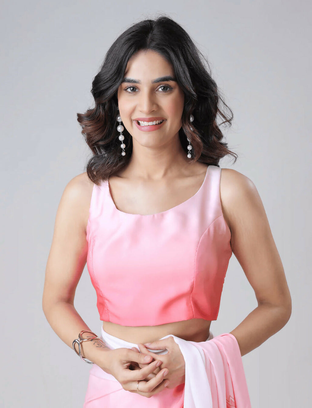 Vastranavya Blush Pink Freehand Floral Print Ready to Wear Saree | Grocsy