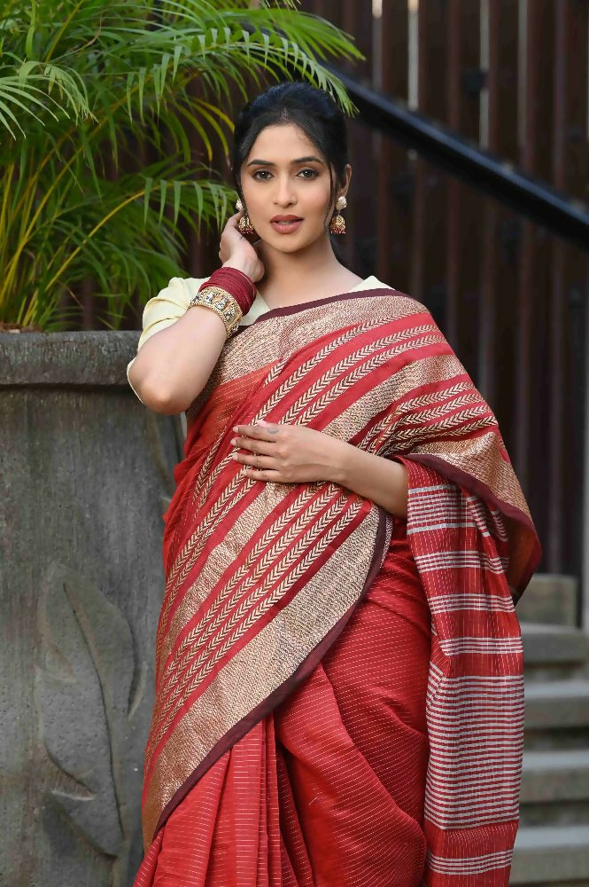 Beatitude Red Cotton Stripes Border Handloom Saree | Grocsy