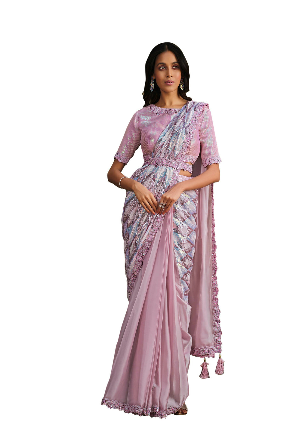 Light Pink Crepe Satin Silk Sequence Embroidered Saree With Stitched Blouse - Mohmanthan La Belle | Grocsy