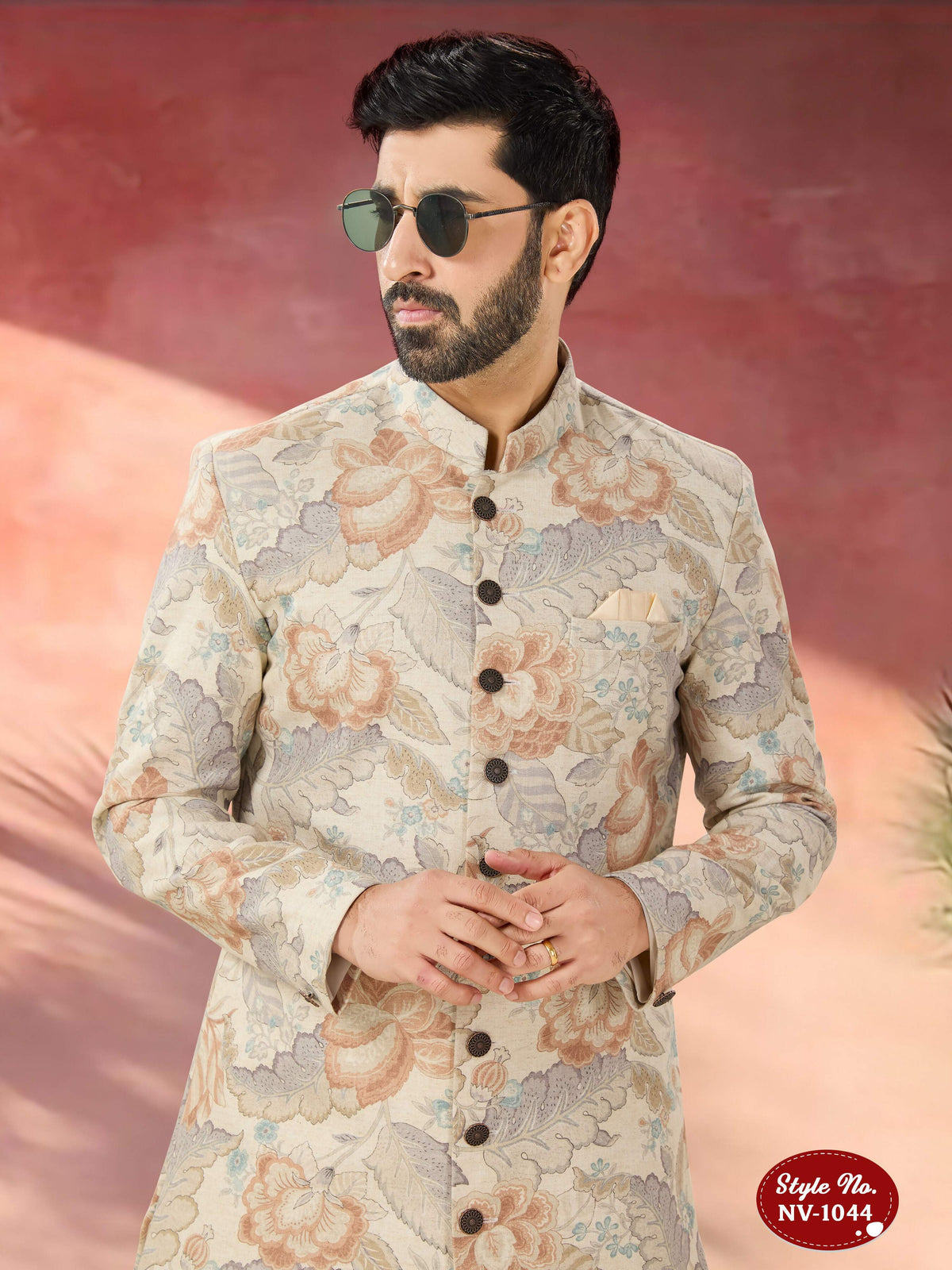 Joban Fashion Men's Beige Base Multi-Colour Straight Swed Velvet Self-Design In Fabric Indo-Western Kurta Set | Grocsy