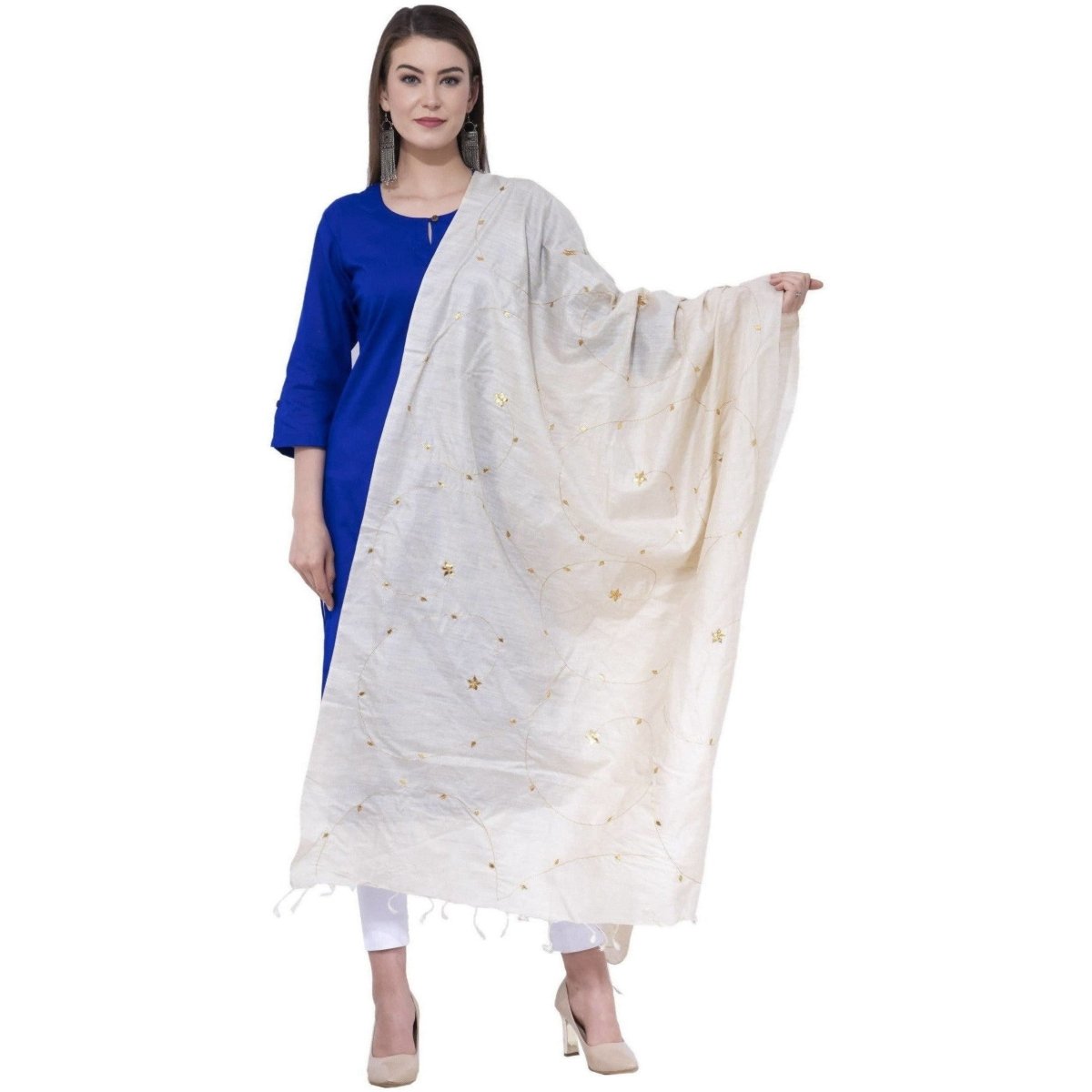 A R Silk Women's Zari Embroidery Pure Tussar Silk Light Golden Dupatta | Grocsy
