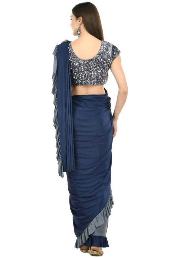 Mominos Fashion All Season Wear Gray And Blue Ruffled Ready To Wear Saree | Grocsy
