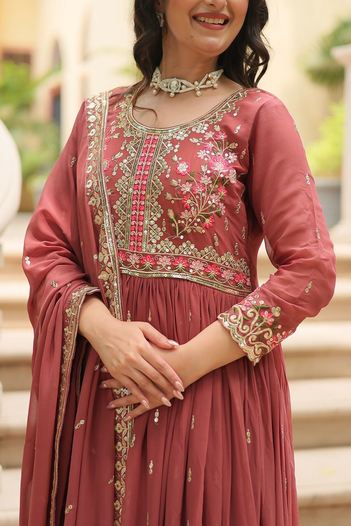 Joban Fashion Coffee Georgette Sequence Embroidery Work Kurta Set | Grocsy