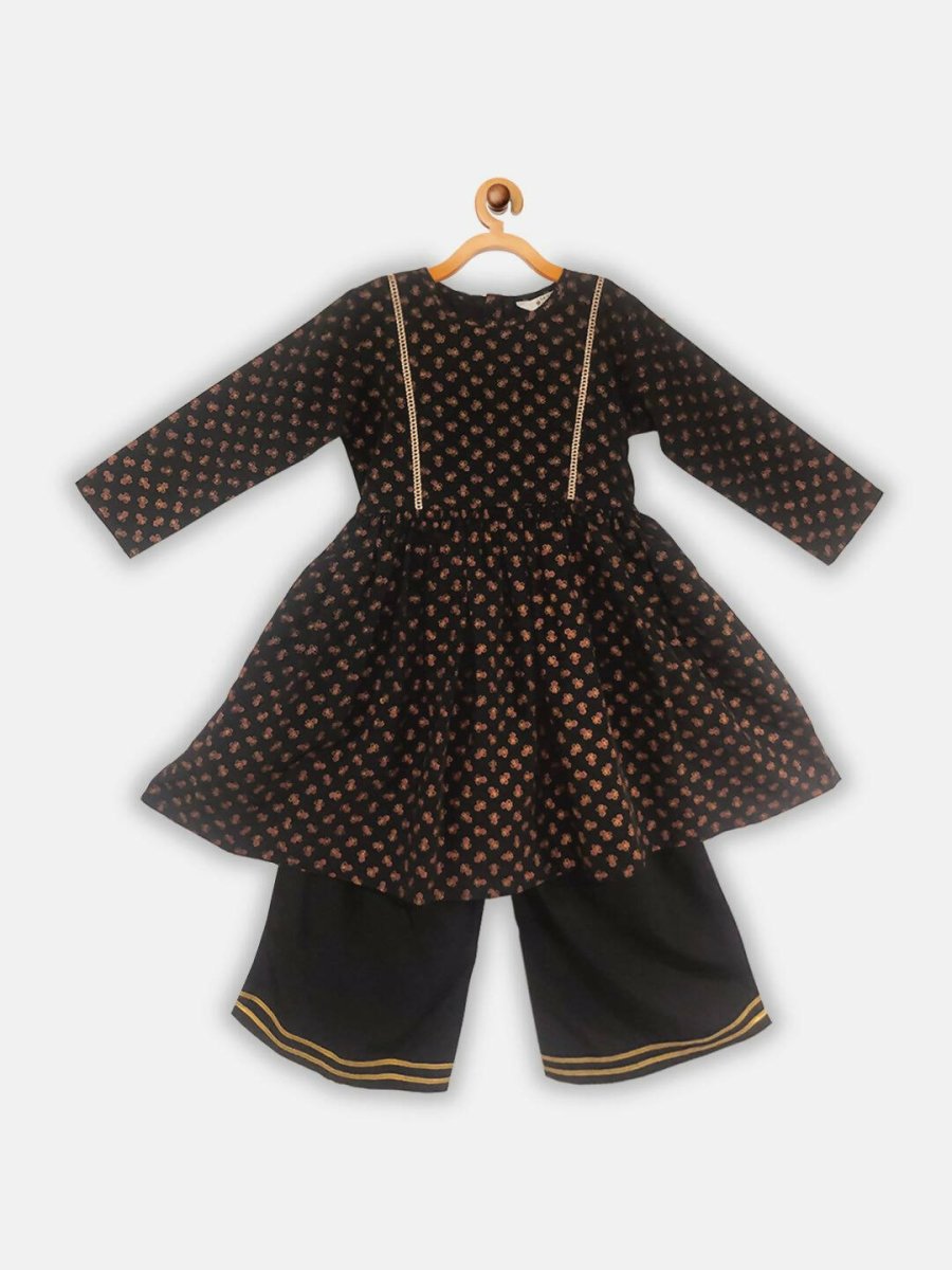 Ahalyaa Black Color Crepe Printed kids Kurta Palazzo Set For Girls | Grocsy