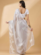 Grey Tissue Slub Embroidered Saree with Unstitched Blouse - Vairagi | Grocsy