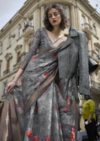 Lovely Dark Grey Polly Brasso Designer Saree - Emponline | Grocsy