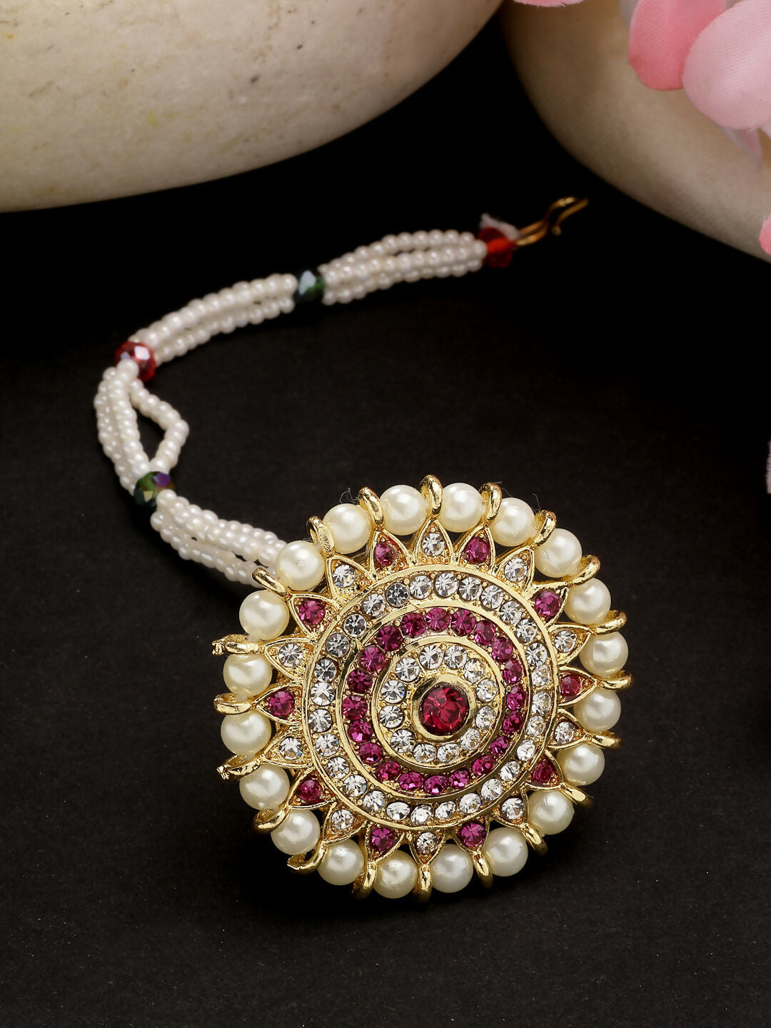 NVR Women's Gold-Polished CZ Stone-Studded Borla Maang Tikka | Grocsy