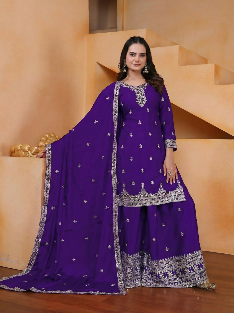 Teeya Creation Purple Color Chinon Silk Wedding Wear Trending Palazzo Set | Grocsy