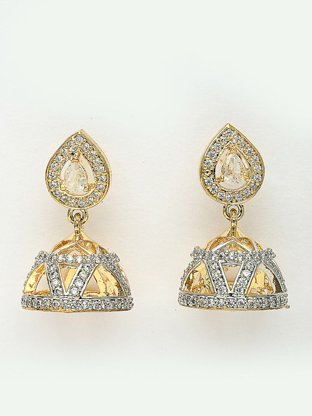 NVR Wome's Gold-Polished AD- Studded Jhumki Earrings | Grocsy