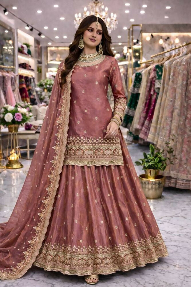 Teeya Creation Onion Color Fendy Satin Heavy Embroidery Work Wedding Wear Stitched Lehenga Choli | Grocsy