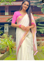 Exclusive Collection Beautiful White Pink Pure Cotton Hand Weaving Handloom Saree With Running Blouse Piece | Grocsy