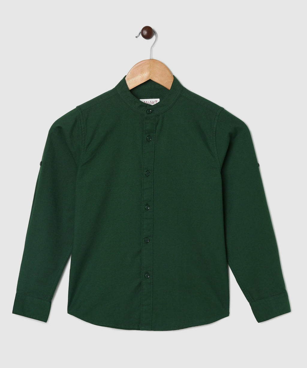 Manet Boys Mandarin Collar Full Sleeves Melange Shirt - Green | Grocsy