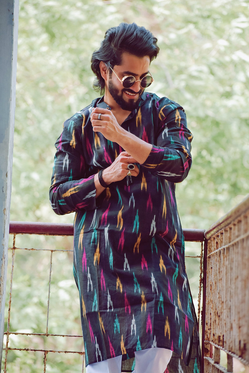 Jompers Men Black Woven Design Ikkat Straight Kurta Only | Grocsy