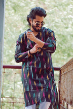 Jompers Men Black Woven Design Ikkat Straight Kurta Only | Grocsy